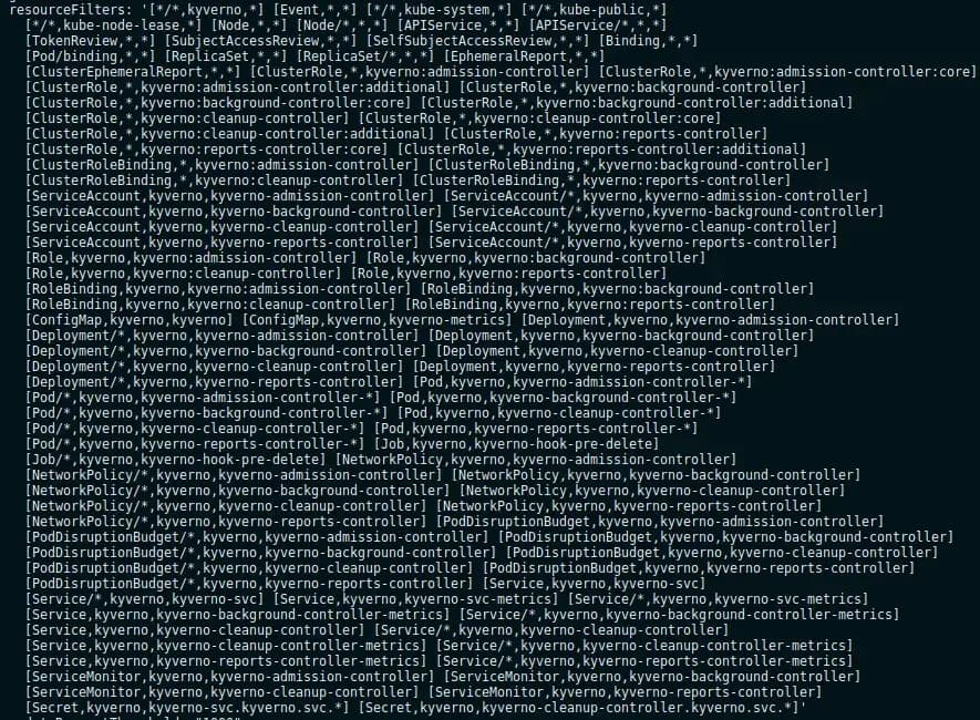 resources excluded The Kyverno config file, which excludes the resources